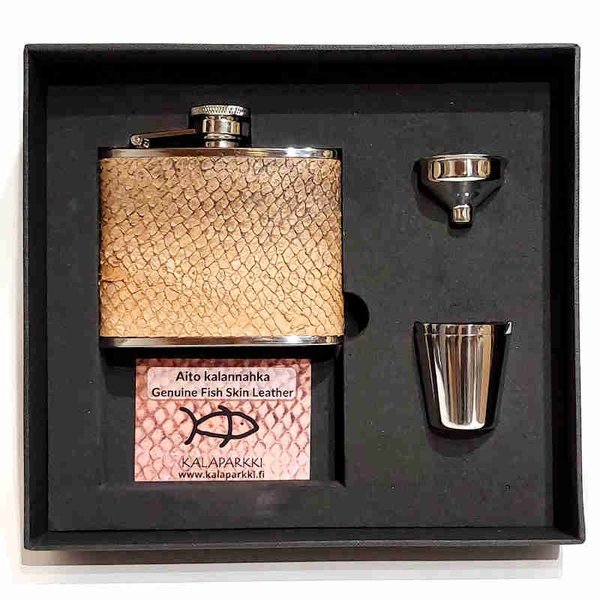 Hip flask 12 cl, salmon leather, brown in a gift box