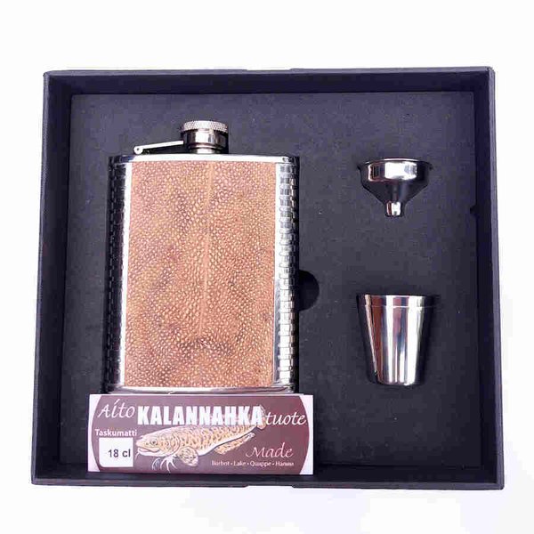 Hip flask 18 cl, burbot leather, brown in a gift box