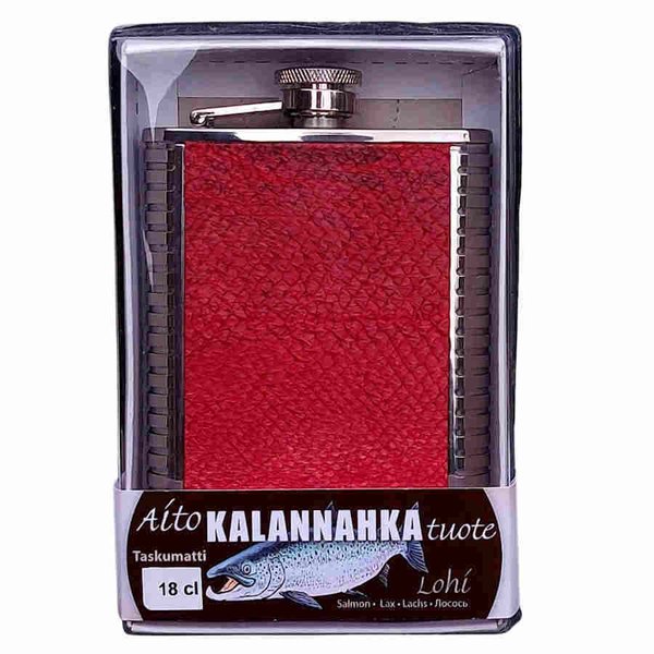 Hip flask 18 cl, Salmon leather, red