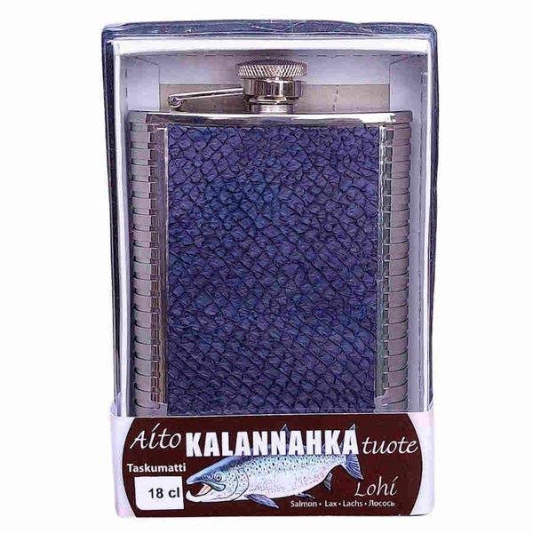 Hip flask 18 cl, Salmon leather, dark blue