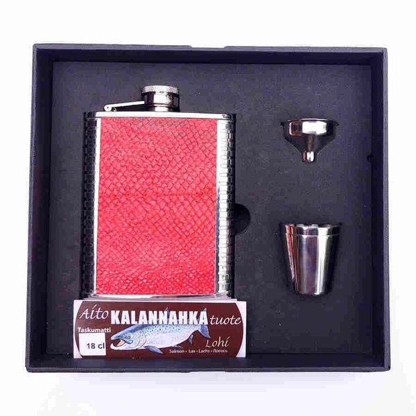Hip flask 18 cl, Salmon leather, red in a gift box