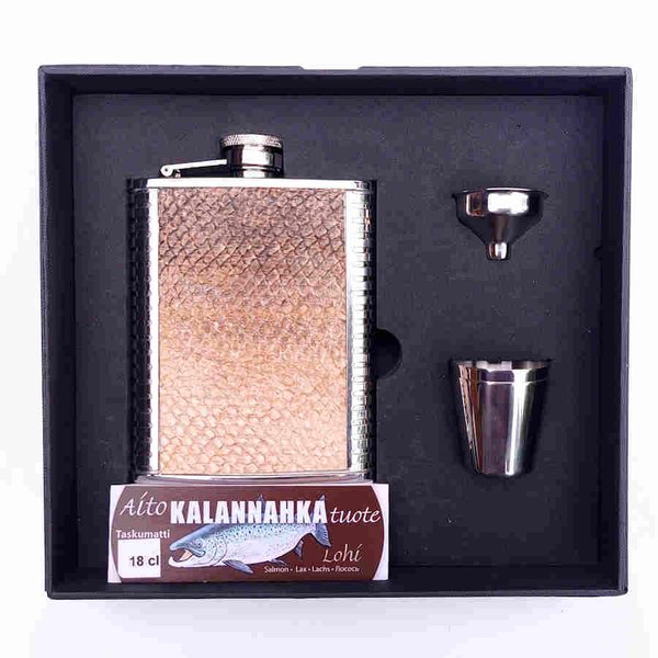 Hip flask 18 cl, Salmon leather, brown in a gift box