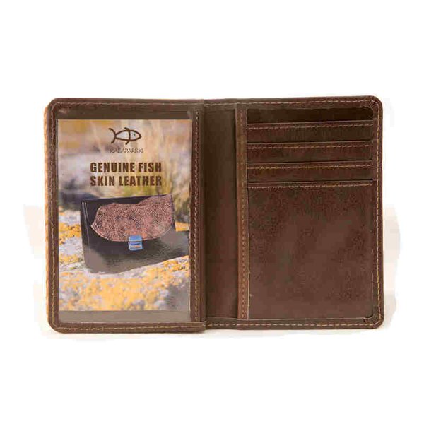 Leather wallet without coinpocket, decorated with burbot skin leather